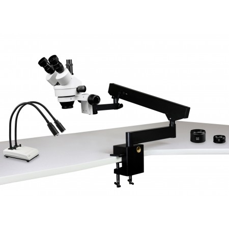 VS-7FZ-IHL20 Simul-Focal Trinocular Zoom Stereo Microscope - 0.7X - 4.5X Zoom Range, 0.5X & 2.0X Auxiliary Lenses, Dual Gooseneck LED Light