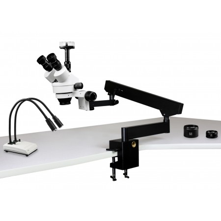 VS-7FZ-IHL20-10N Simul-Focal Trinocular Zoom Stereo Microscope - 0.7X - 4.5X Zoom Range, 0.5X & 2.0X Auxiliary Lenses, Dual Gooseneck LED Light, 10MP Digital Eyepiece Camera