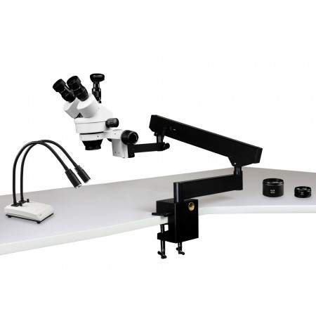 VS-7FZ-IHL20-3N Simul-Focal Trinocular Zoom Stereo Microscope - 0.7X - 4.5X Zoom Range, 0.5X & 2.0X Auxiliary Lenses, Dual Gooseneck LED Light, 3MP Digital Eyepiece Camera