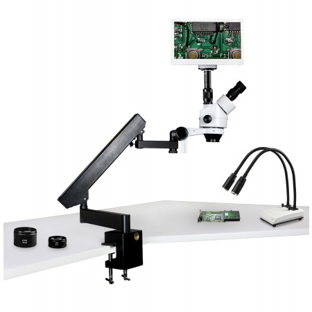 VS-7FZ-IHL20-RET11.6 Simul-Focal Trinocular Zoom Stereo Microscope - 0.7X - 4.5X Zoom Range, 0.5X & 2.0X Auxiliary Lenses, Dual Gooseneck LED Light, 11.6" HD Retina Screen With 5MP Camera