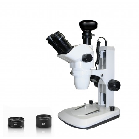Vision Scientific VMS0006-TZ-DNN3.0 Trinocular Zoom Stereo Microscope, 10x WF Eyepiece, 0.67x—4.5x Zoom, 3.3x—90x Magnification, 0.5x & 2x Aux Lens, LED Illumination, Track Stand, 3.0MP Digital Eyepiece Camera