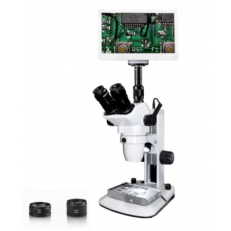 Vision Scientific VMS0006 Trinocular Zoom Stereo Microscope, 10x WF Eyepiece, 0.67x-4.5x Zoom, 3.3x-90x Magnification, 0.5x & 2x Aux Lens, LED Light, Track Stand, 11.6” Retina HD Display w/ 5MP Camera