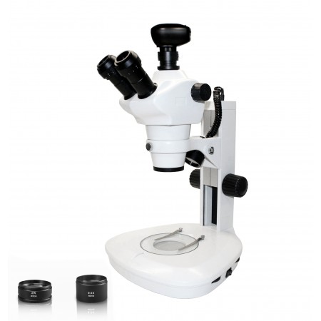 Vision Scientific VMS0007 Trinocular Zoom Stereo Microscope, 10x WF Eyepiece, 0.8x—5x Zoom, 4x—100x Magnification, 0.5x & 2x Aux Lens, LED Illumination, Track Stand, 3.0MP Digital Eyepiece Camera