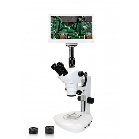 Vision Scientific VMS0007 Trinocular Zoom Stereo Microscope, 10x WF Eyepiece, 0.8x-5x Zoom, 4x-100x Magnification, 0.5x & 2x Aux Lens, LED Light, Track Stand, 11.6” Retina HD Display with 5MP Camera