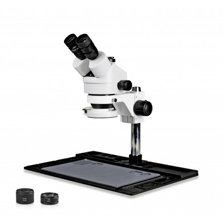 VS-10FZ-IFR07 Simul-Focal Trinocular Zoom Stereo Microscope - 0.7X - 4.5X Zoom Range, 0.5X & 2.0X Auxiliary Lenses, 144-LED Ring Light