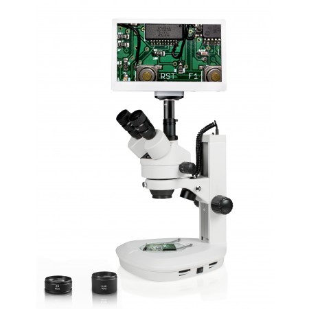 VS-2FZ-RET11.6 Simul-Focal Trinocular Zoom Stereo Microscope, 0.7X-4.5X Zoom Range, Corded LED Illumination, 11.6" HD Retina Screen With 5MP Camera
