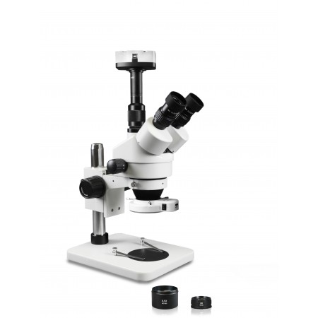 VS-1FZ-IFR07-10N Simul-Focal Trinocular Zoom Stereo Microscope - 0.7X-4.5X Zoom Range, 0.5X & 2.0X Auxiliary Lenses, 144-LED Ring Light, 10MP Digital Eyepiece Camera
