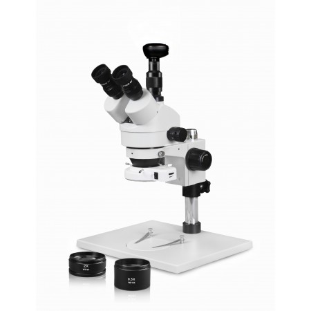 VS-1AFZ-IFR07-3N Simul-Focal Trinocular Zoom Stereo Microscope - 0.7X-4.5X Zoom Range, 0.5X & 2.0X Auxiliary Lenses, 144-LED Ring Light, 3MP Digital Eyepiece Camera