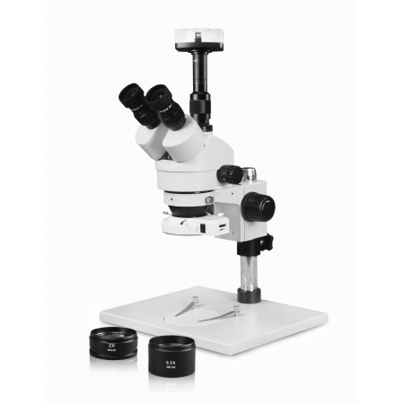VS-1AFZ-IFR07-10N Simul-Focal Trinocular Zoom Stereo Microscope - 0.7X-4.5X Zoom Range, 0.5X & 2.0X Auxiliary Lenses, 144-LED Ring Light, 10MP Digital Eyepiece Camera