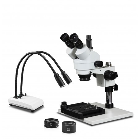 VS-1AFZ-IHL20-MS Simul-Focal Trinocular Zoom Stereo Microscope - 0.7X-4.5X Zoom Range, 0.5X & 2.0X Auxiliary Lenses, Mechanical Stage, Dual Gooseneck LED Light