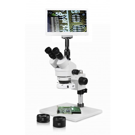 VS-1AFZ-IFR07-RET11.6 Simul-Focal Trinocular Zoom Stereo Microscope - 0.7X-4.5X Zoom Range, 0.5X & 2.0X Auxiliary Lenses, 144-LED Ring Light, 11.6" HD Retina Screen With 5MP Camera