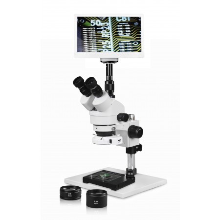 VS-1AFZ-IFR07-RET11.6-MS Simul-Focal Trinocular Zoom Stereo Microscope - 0.7X-4.5X Zoom Range, 0.5X & 2.0X Auxiliary Lenses, Mechanical Stage, 144-LED Ring Light, 11.6" HD Retina Screen With 5MP Camera
