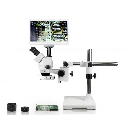 VS-3FZ-IFR07-RET11.6 Simul-Focal Trinocular Zoom Stereo Microscope - 0.7X - 4.5X Zoom Range, 0.5X & 2.0X Auxiliary Lenses, 144-LED Ring Light, 11.6" HD Retina Screen With 5MP Camera