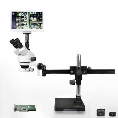VS-2AFZ-IFR07-RET11.6 Simul-Focal Trinocular Zoom Stereo Microscope - 0.7X-4.5X Zoom Range, 0.5X & 2.0X Auxiliary Lenses, 144-LED Ring Light, 11.6" HD Retina Screen With 5MP Camera