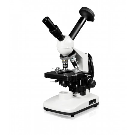 Vision Scientific ME151 Dual View Compound Microscope, 10x WF & 20x WF Eyepieces, 40x—2000x Magnification, LED Illumination, 1.25 NA Abbe Condenser, Mechanical Stage, 3.0MP Digital Eyepiece Camera