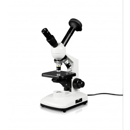 Vision Scientific ME150 Dual View Compound Microscope, 10x WF & 20x WF Eyepieces, 40x—800x Magnification, LED Illumination w/ Control, 0.65 N.A. Condenser, Plain Stage, 3.0MP Digital Eyepiece Camera