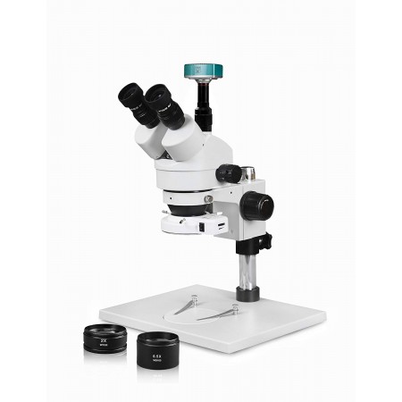 VS-1AFZ-IFR07-3609NS Simul-Focal Trinocular Zoom Stereo Microscope - 0.7X-4.5X Zoom Range, 0.5X & 2.0X Auxiliary Lenses, 144-LED Ring Light, 2MP High Definition Digital Camera