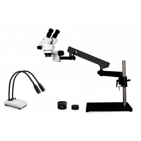 VS-9FZ-IHL20 Simul-Focal Trinocular Zoom Stereo Microscope - 0.7X - 4.5X Zoom Range, 0.5X & 2.0X Auxiliary Lenses, Dual Gooseneck LED Light