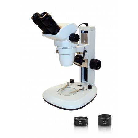 Vision Scientific VMS0006 Binocular Zoom Stereo Microscope, Paired 10x WF Eyepiece, 0.67x—4.5x Zoom Range, 3.3x—90x Magnification, 0.5x & 2x Aux Lens, Top & Bottom LED Illumination, Track Stand