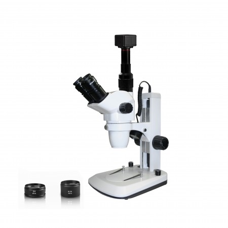 Vision Scientific VMS0006-TZ-DNN5.0 Trinocular Zoom Stereo Microscope, 10x WF Eyepiece, 0.67x—4.5x Zoom, 3.3x—90x Magnification, 0.5x & 2x Aux Lens, LED Illumination, Track Stand, 5.0MP Digital Eyepiece Camera