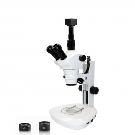 Vision Scientific VMS0007 Trinocular Zoom Stereo Microscope, 10x WF Eyepiece, 0.8x—5x Zoom, 4x—100x Magnification, 0.5x & 2x Aux Lens, LED Illumination, Track Stand, 5.0MP Digital Eyepiece Camera