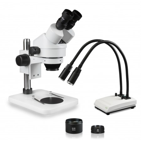 VS-1EZ-IHL20 Binocular Zoom Stereo Microscope - 0.7X-4.5X Zoom Range, 0.5X & 2.0X Auxiliary Lenses, Dual Gooseneck LED Light