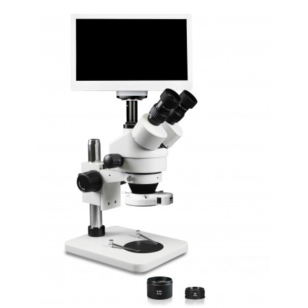 VS-1FZ-IFR07-RET11.6 Simul-Focal Trinocular Zoom Stereo Microscope - 0.7X-4.5X Zoom Range, 0.5X & 2.0X Auxiliary Lenses, 144-LED Ring Light, 11.6" HD Retina Screen with 5MP Camera