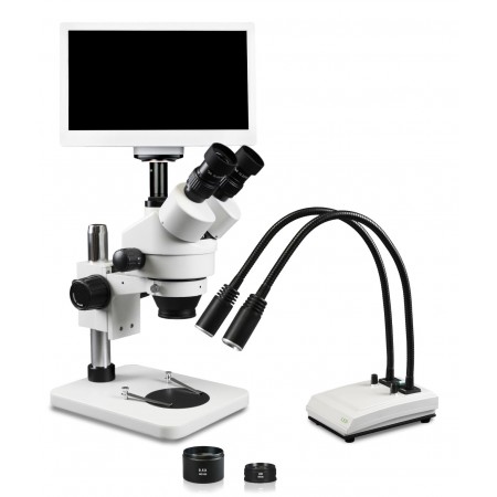VS-1AFZ-IHL20-RET11.6 Simul-Focal Trinocular Zoom Stereo Microscope - 0.7X-4.5X Zoom Range, 0.5X & 2.0X Auxiliary Lenses, Dual Gooseneck LED Light, 11.6" HD Retina Screen With 5MP Camera