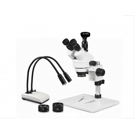 VS-1AFZ-IHL20-3N Simul-Focal Trinocular Zoom Stereo Microscope - 0.7X-4.5X Zoom Range, 0.5X & 2.0X Auxiliary Lenses, Dual Gooseneck LED Light, 3MP Digital Eyepiece Camera
