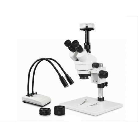 VS-1AFZ-IHL20-10N Simul-Focal Trinocular Zoom Stereo Microscope - 0.7X-4.5X Zoom Range, 0.5X & 2.0X Auxiliary Lenses, Dual Gooseneck LED Light, 10MP Digital Eyepiece Camera