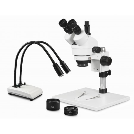 VS-1AFZ-IHL20 Simul-Focal Trinocular Zoom Stereo Microscope - 0.7X-4.5X Zoom Range, 0.5X & 2.0X Auxiliary Lenses, Dual Gooseneck LED Light