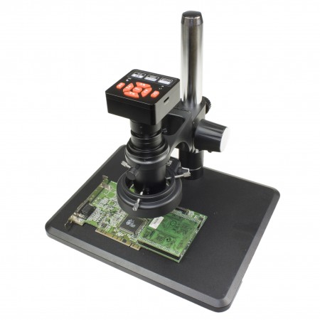 VS-12-5607NS-IFR09 Monocular Zoom Industrial Inspection Microscope W 16MPHDMI/USB Digital Camera | 0.7x-5.0x zoom range, 0.4x C-Mount | Pillar stand W large base |144-LED ring light
