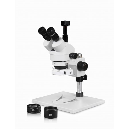 VS-1AFZ-IFR07-5N Simul-Focal Trinocular Zoom Stereo Microscope - 0.7X-4.5X Zoom Range, 0.5X & 2.0X Auxiliary Lenses, 144-LED Ring Light, 5MP Digital CMOS Camera