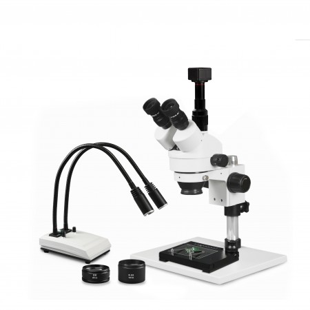 VS-1AFZ-IHL20-5N-MS Simul-Focal Trinocular Zoom Stereo Microscope - 0.7X-4.5X Zoom Range, 0.5X & 2.0X Auxiliary Lenses, Mechanical Stage, Dual Gooseneck LED Light, 5MP Digital CMOS Camera