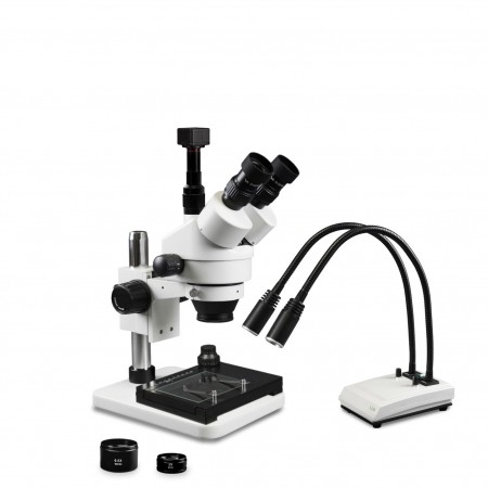 VS-1FZ-IHL20-5N-MS Simul-Focal Trinocular Zoom Stereo Microscope - 0.7X-4.5X Zoom Range, 0.5X & 2.0X Auxiliary Lenses, Dual Gooseneck LED Light, 5MP Digital CMOS Camera, Mechanical Stage