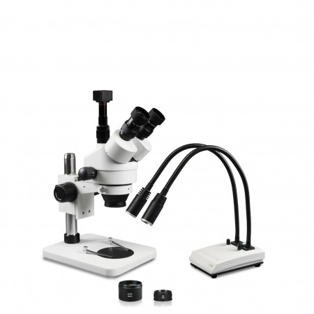 VS-1FZ-IHL20-5N Simul-Focal Trinocular Zoom Stereo Microscope - 0.7X-4.5X Zoom Range, 0.5X & 2.0X Auxiliary Lenses, Dual Gooseneck LED Light, 5MP Digital CMOS Camera