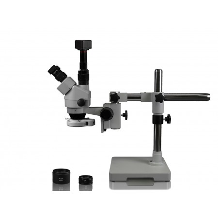 VS-3FZ-IFR07-5N Simul-Focal Trinocular Zoom Stereo Microscope - 0.7X - 4.5X Zoom Range, 0.5X & 2.0X Auxiliary Lenses, 144-LED Ring Light, 5MP Digital CMOS Camera