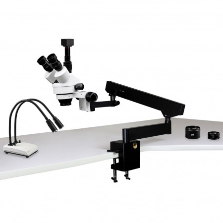 VS-7FZ-IHL20-5N Simul-Focal Trinocular Zoom Stereo Microscope - 0.7X - 4.5X Zoom Range, 0.5X & 2.0X Auxiliary Lenses, Dual Gooseneck LED Light, 5MP Digital CMOS Camera