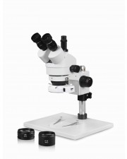 VS-1AFZ-IFR07 Simul-Focal Trinocular Zoom Stereo Microscope - 0.7X-4.5X Zoom Range, 0.5X & 2.0X Auxiliary Lenses, 144-LED Ring Light 