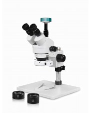 VS-1AFZ-IFR07-3609NS Simul-Focal Trinocular Zoom Stereo Microscope - 0.7X-4.5X Zoom Range, 0.5X & 2.0X Auxiliary Lenses, 144-LED Ring Light, 2MP High Definition Digital Camera 