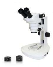 Vision Scientific VMS0007 Binocular Zoom Stereo Microscope, Paired 10x WF Eyepiece, 0.8x—5x Zoom Range, 4x—100x Magnification, 0.5x & 2x Aux Lens, Top & Bottom LED Illumination, Track Stand 