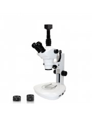 Vision Scientific VMS0007 Trinocular Zoom Stereo Microscope, 10x WF Eyepiece, 0.8x—5x Zoom, 4x—100x Magnification, 0.5x & 2x Aux Lens, LED Illumination, Track Stand, 5.0MP Digital Eyepiece Camera 