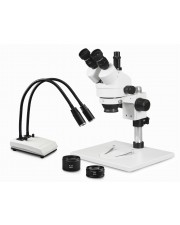VS-1AFZ-IHL20 Simul-Focal Trinocular Zoom Stereo Microscope - 0.7X-4.5X Zoom Range, 0.5X & 2.0X Auxiliary Lenses, Dual Gooseneck LED Light 