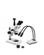 VS-1FZ-IHL20-5N Simul-Focal Trinocular Zoom Stereo Microscope - 0.7X-4.5X Zoom Range, 0.5X & 2.0X Auxiliary Lenses, Dual Gooseneck LED Light, 5MP Digital CMOS Camera 
